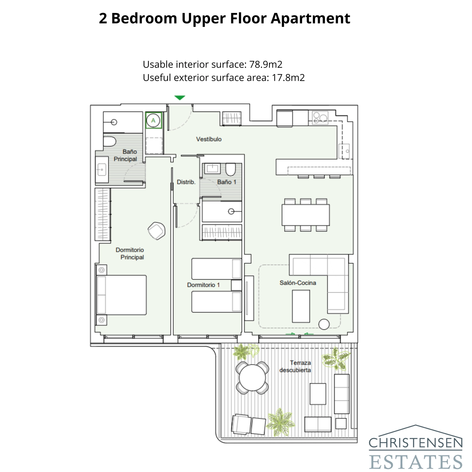 Un elegante plano de piso de dos dormitorios, diseñado para maximizar la luz y las vistas desde su terraza.
