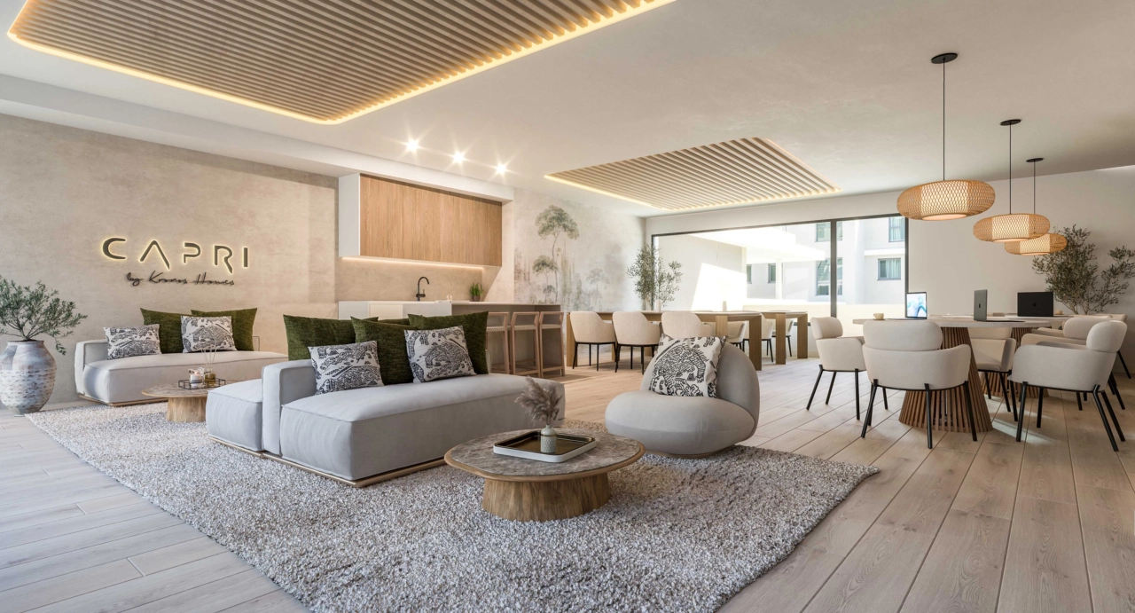 Un espacio de co-working cómodo y elegante para que los residentes trabajen o se relajen.