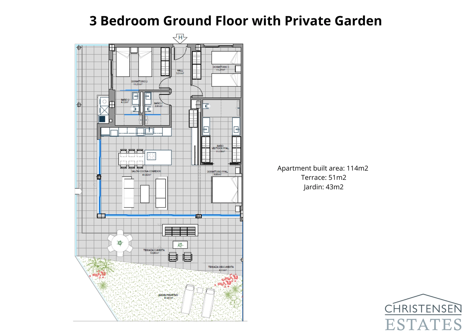 Amplia distribución de un apartamento en planta baja de tres dormitorios, que se extiende sin interrupciones a una generosa terraza y jardín privado, ideal para la vida al aire libre.