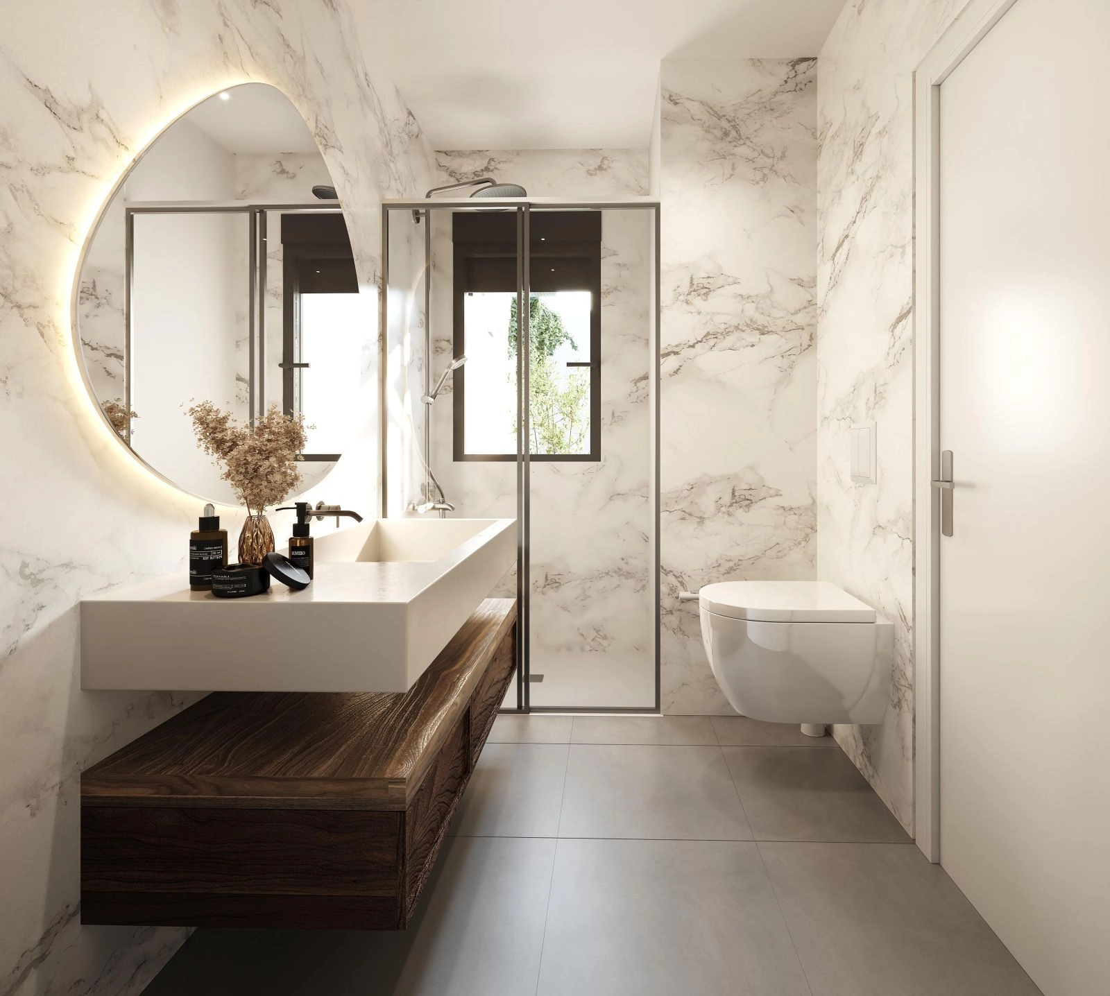 Un baño elegante y moderno con materiales y acabados de alta calidad.