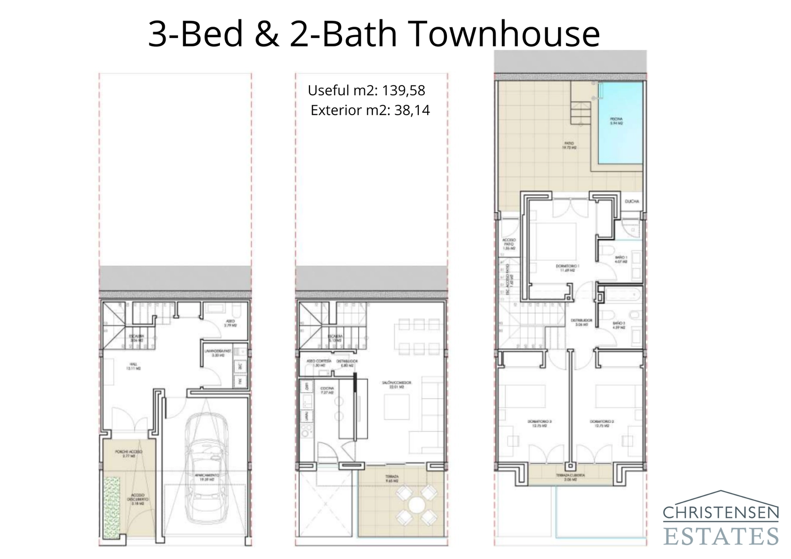 Este plano detallado muestra la distribución inteligente del chalet adosado de tres dormitorios, diseñado para una vida cómoda con un flujo natural entre los espacios interiores y exteriores.