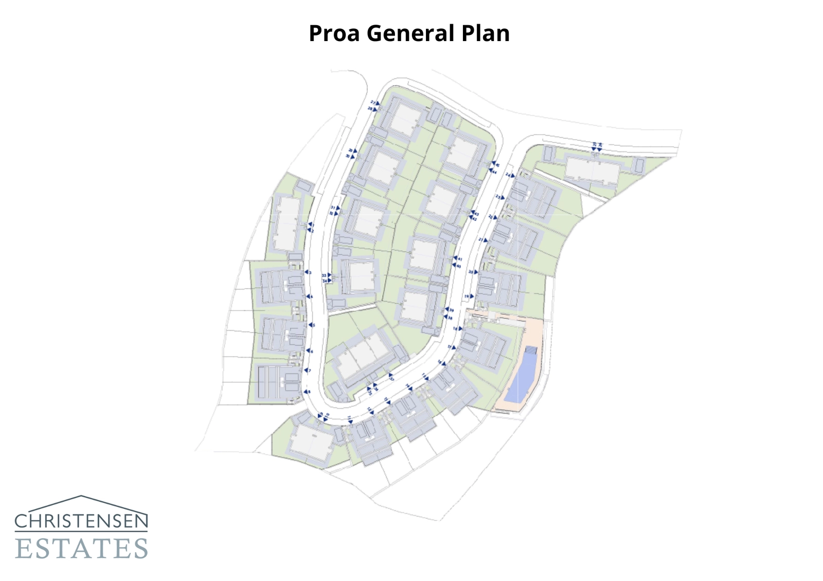El plano general de la promoción, que ilustra la distribución de los chalets, las zonas verdes y la piscina comunitaria, todo diseñado para crear una comunidad armoniosa.