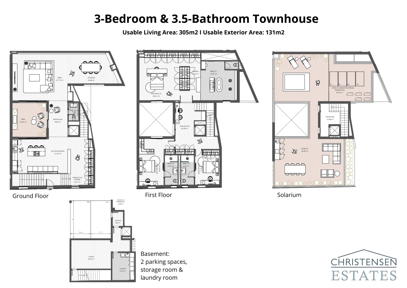 Este plano de chalet adosado de 3 dormitorios ofrece una vida espaciosa en cuatro plantas, incluyendo un amplio sótano y un impresionante solárium en la azotea.