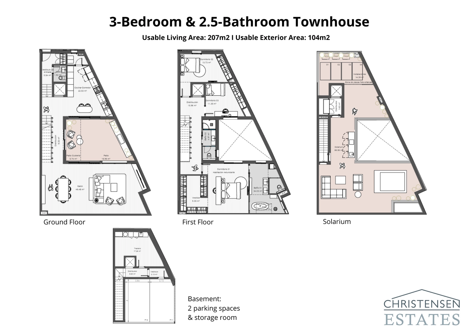 Un plano alternativo de 3 dormitorios que muestra la distribución inteligente del espacio y la conexión fluida con el patio privado y las terrazas.