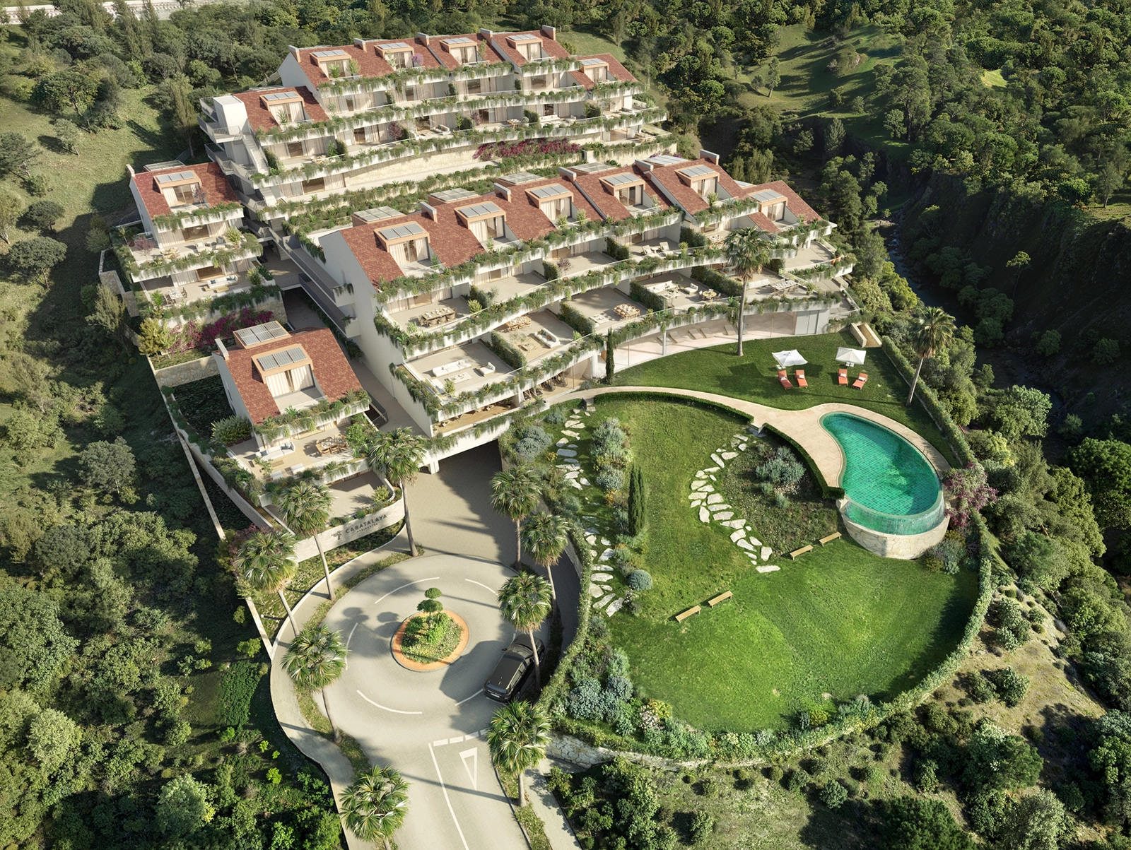 Una vista impresionante de toda la promoción, destacando su arquitectura aterrazada única y sus alrededores verdes.