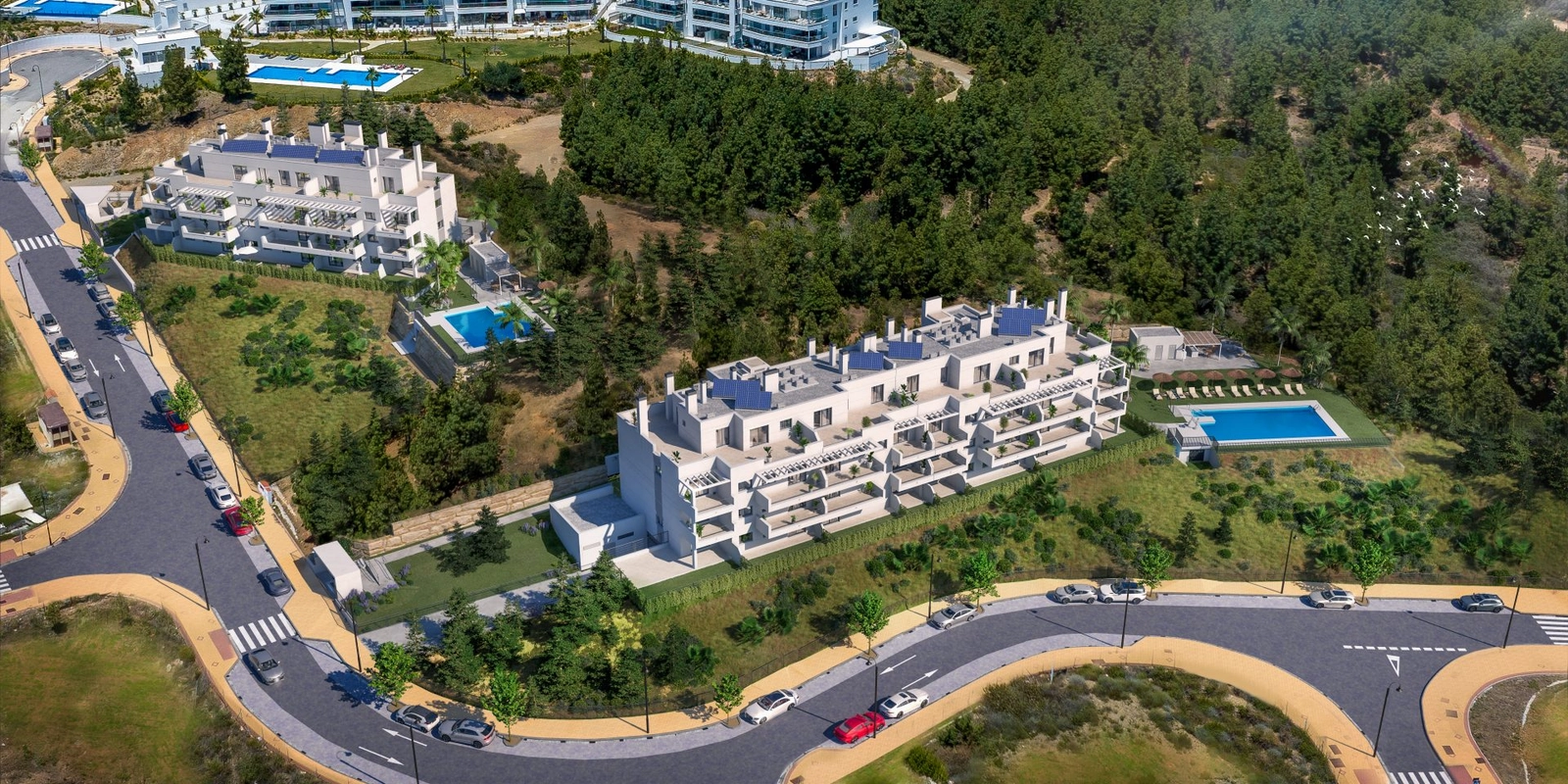 Una perspectiva aérea de esta exclusiva promoción, enclavada en las verdes colinas de Mijas Costa.
