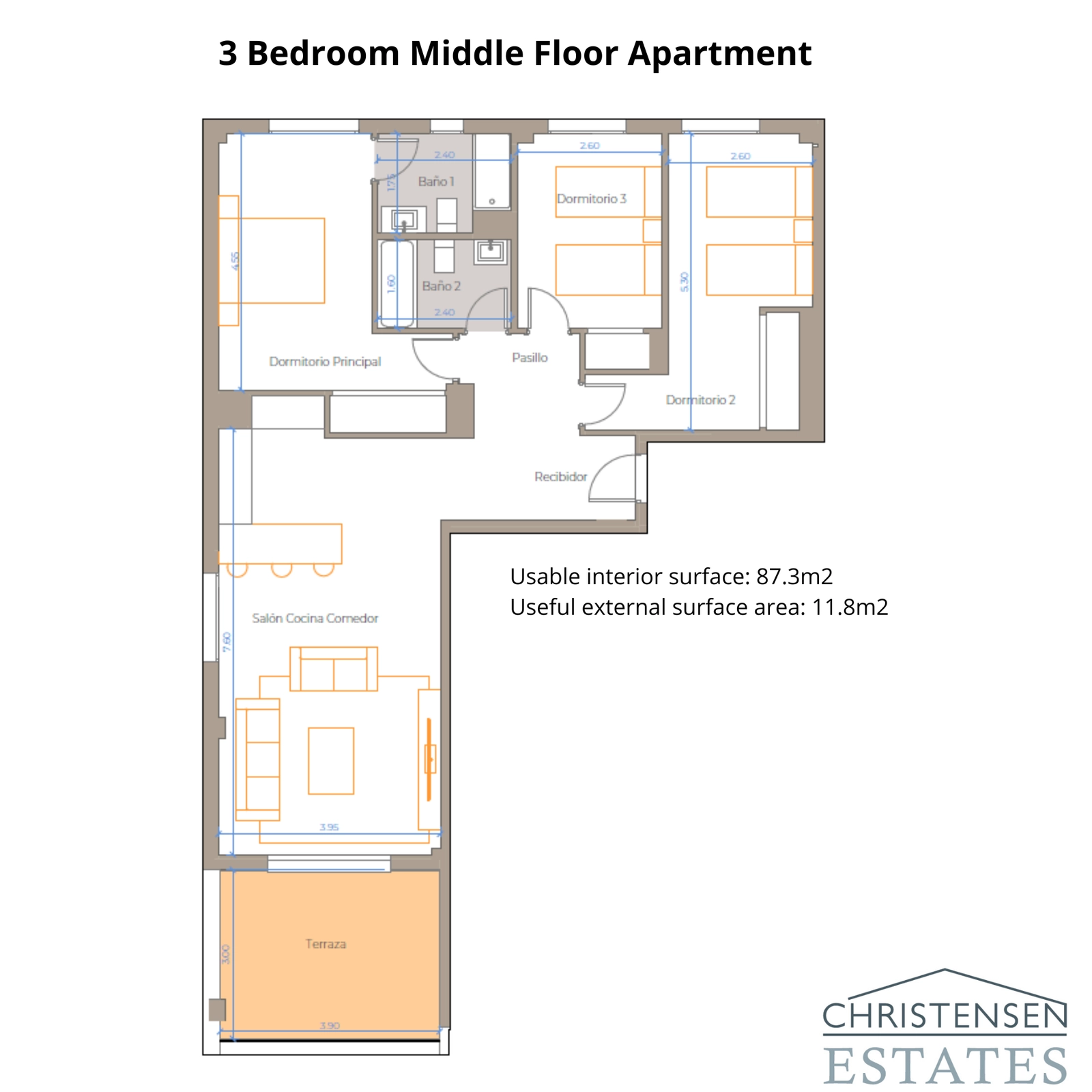 Un plano de apartamento de tres dormitorios bien diseñado, que optimiza el espacio, la luz y el acceso a una terraza privada.