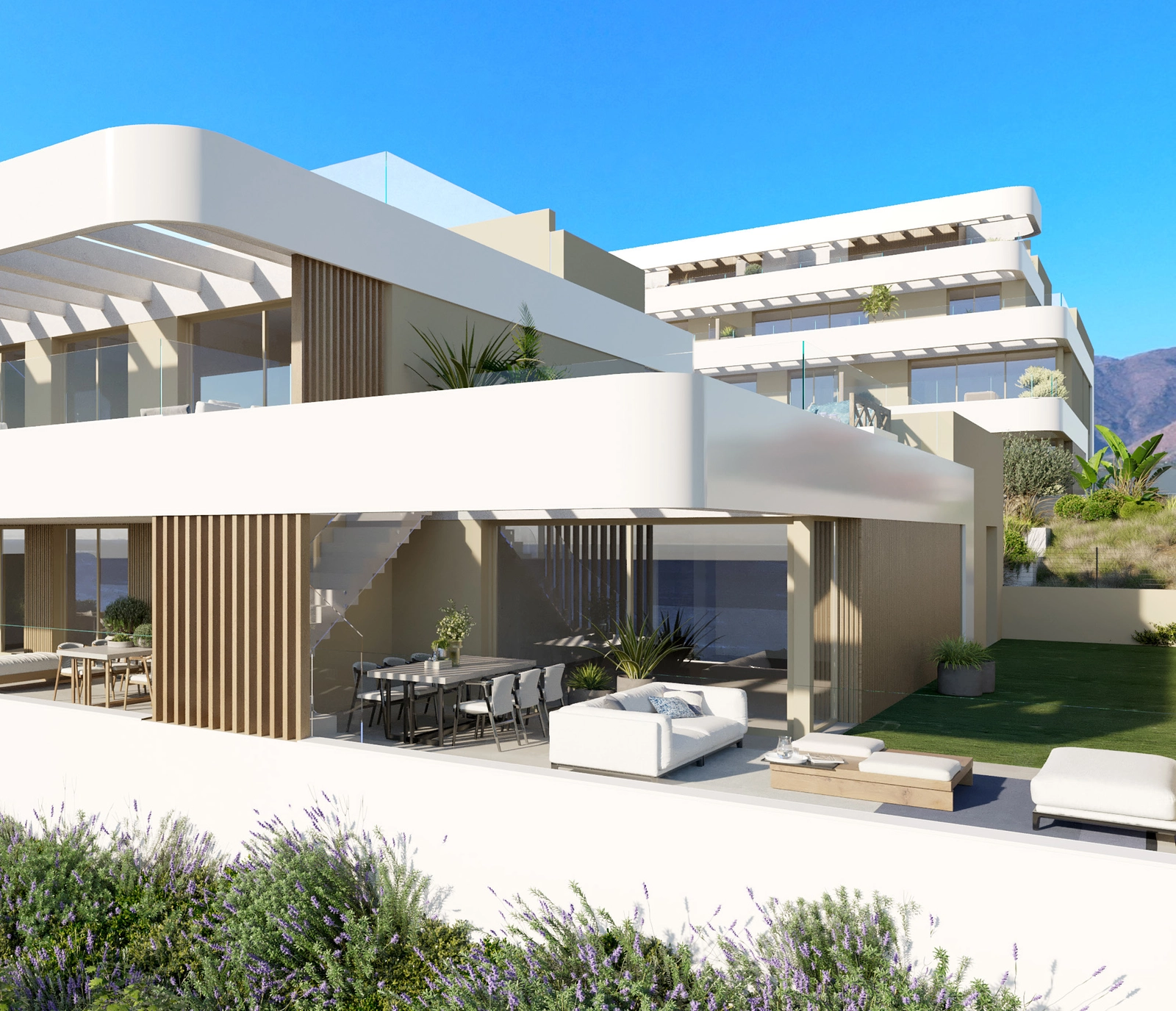 Arquitectura moderna de líneas elegantes, diseñada para integrarse en el entorno natural y maximizar el confort.