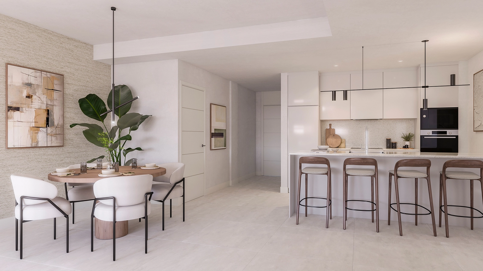 Una cocina y comedor de planta abierta, totalmente equipados con electrodomésticos de alta calidad para una vida moderna.