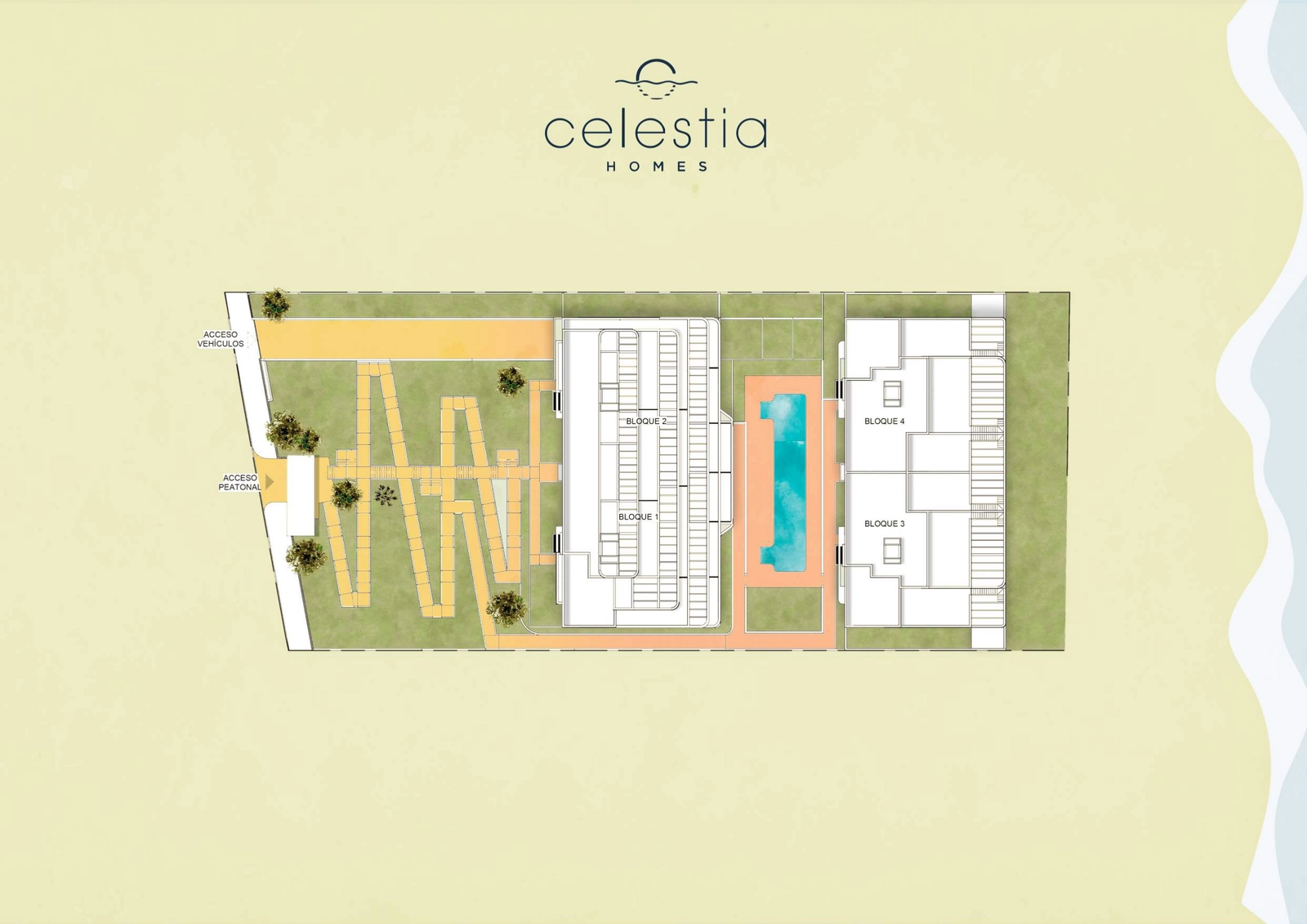 Plano general de la promoción Celestia Homes, que ilustra la distribución de los edificios, la piscina comunitaria y las zonas ajardinadas.