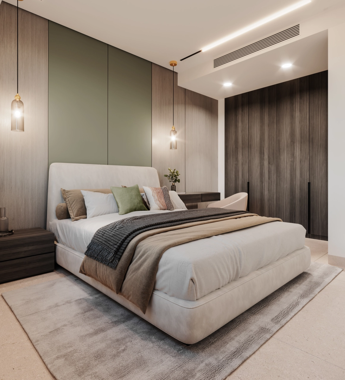 Un dormitorio secundario cómodo y elegante, diseñado con materiales cálidos y amplio espacio de almacenamiento.