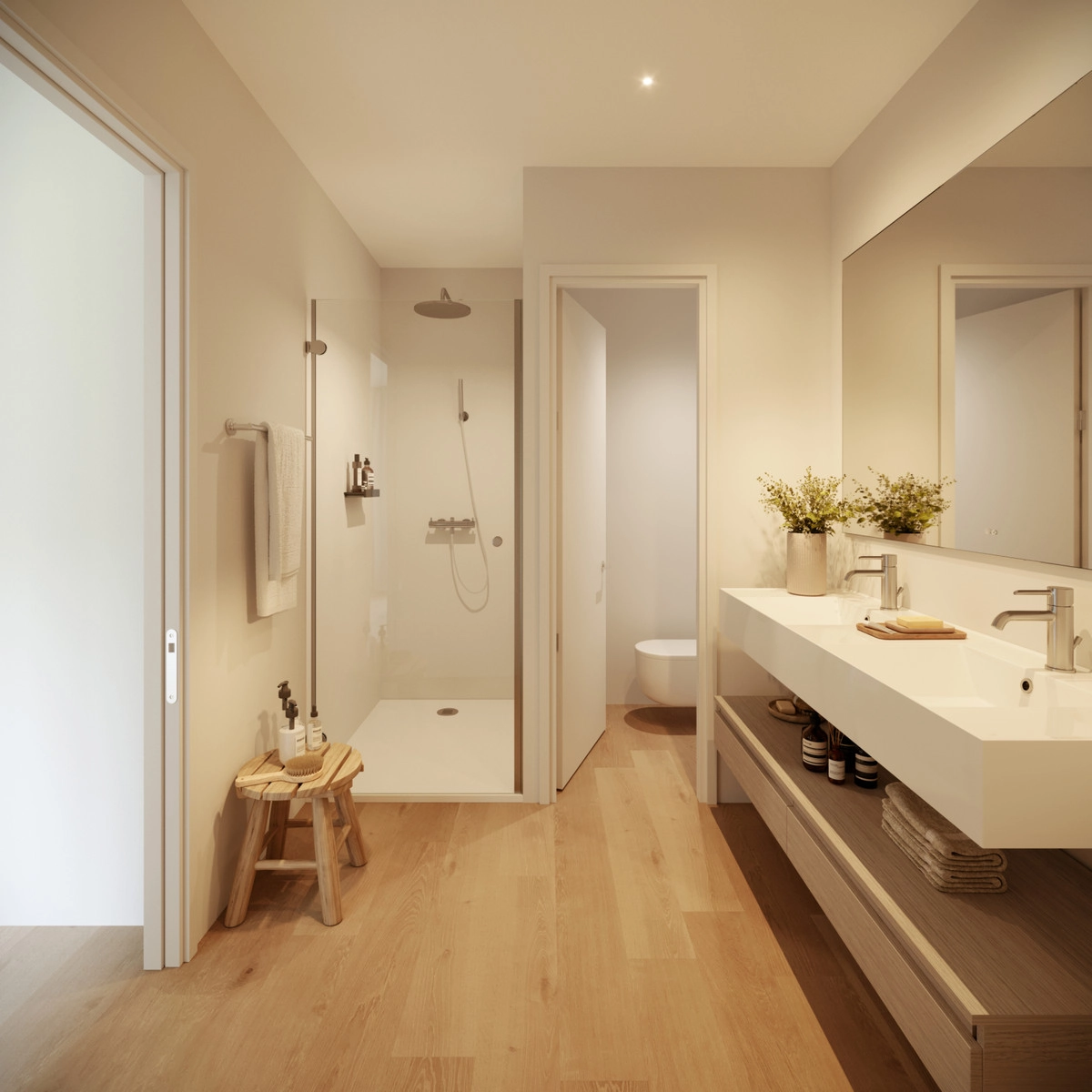 Un baño contemporáneo con líneas limpias y materiales de alta calidad.