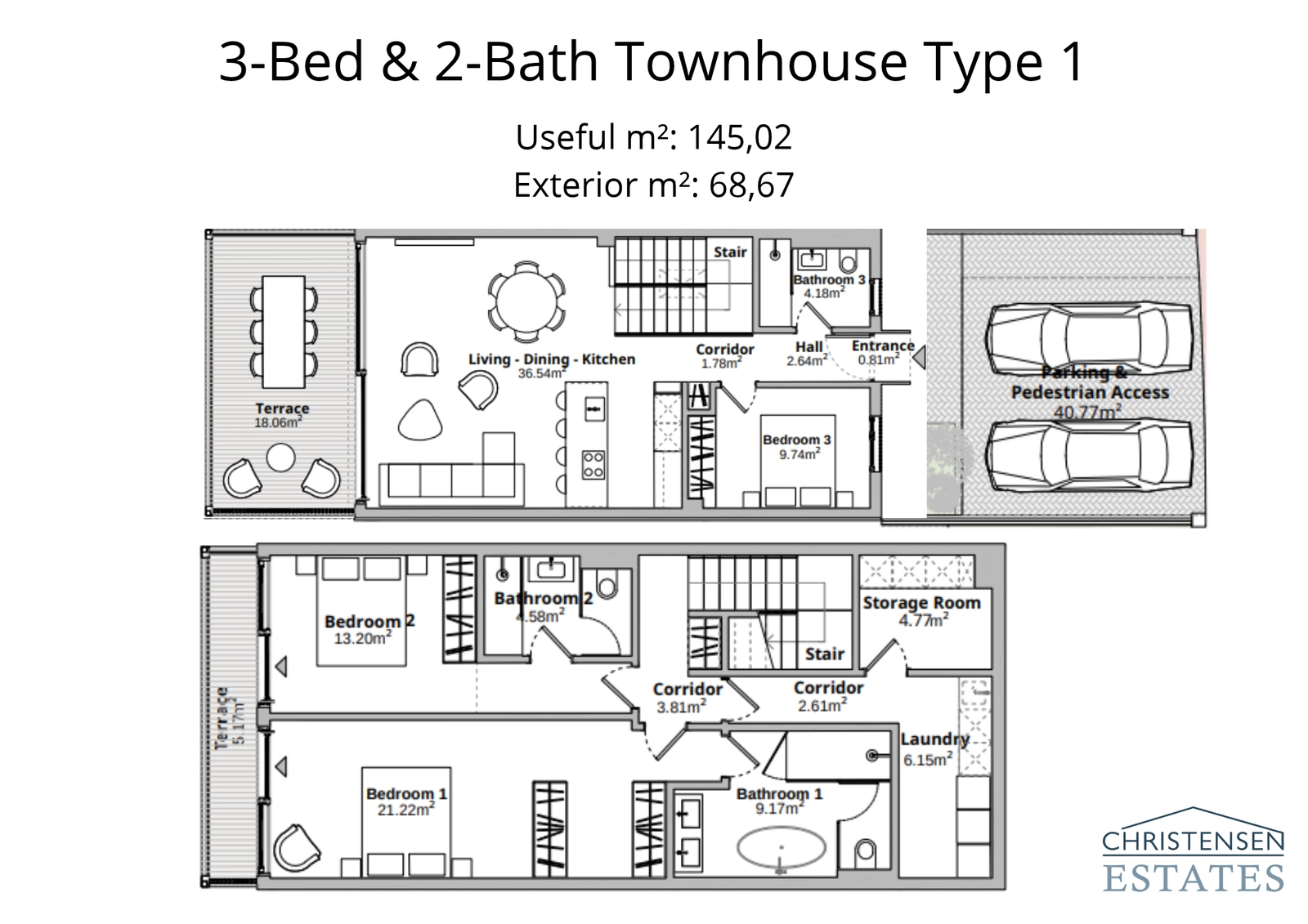 Plano para un chalet adosado de tres dormitorios, que muestra una amplia zona de estar de planta abierta y generosas terrazas exteriores.
