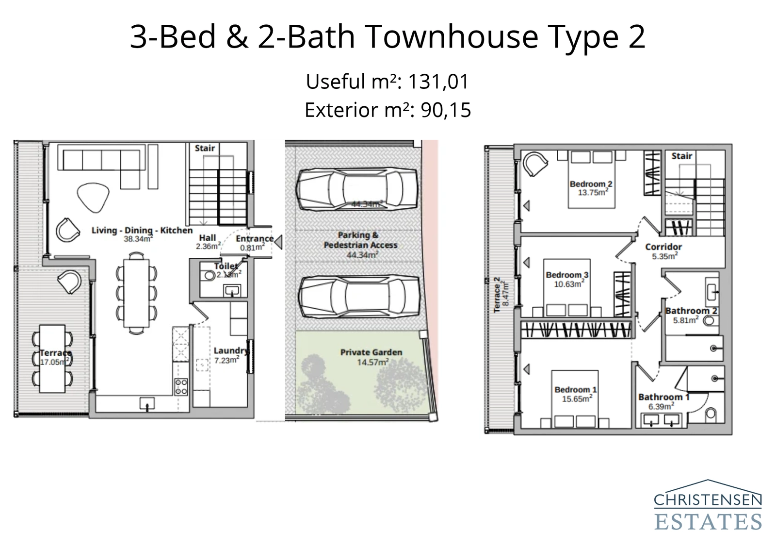 Distribución para un chalet adosado de tres dormitorios con jardín privado, espacios de vida bien definidos y una práctica disposición de los dormitorios.