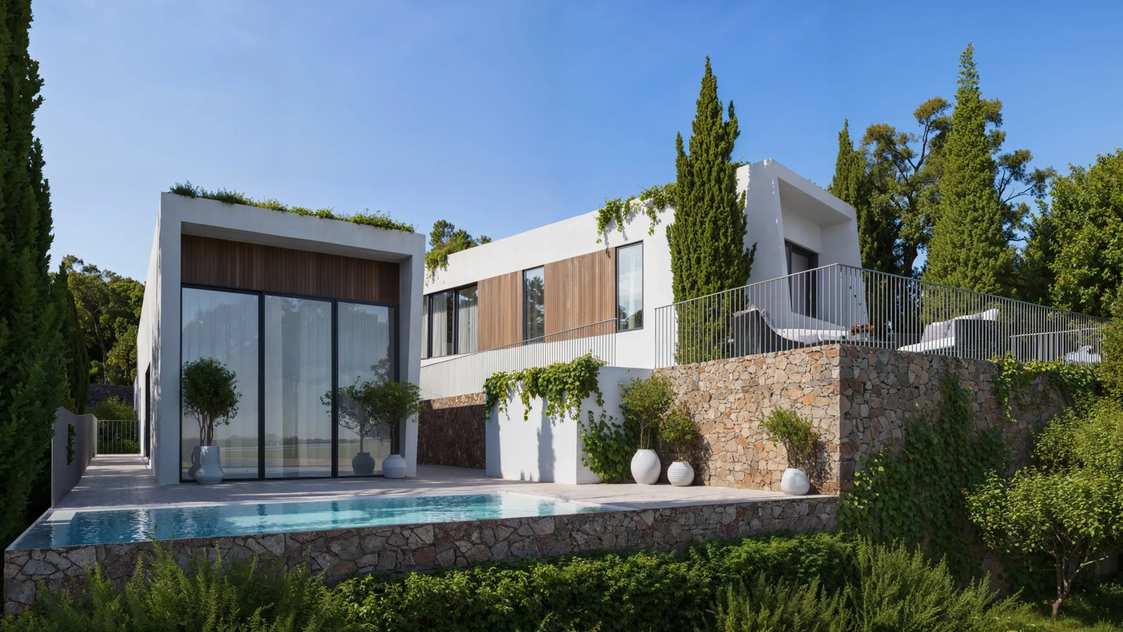 Líneas limpias y materiales naturales crean un exterior sofisticado en completa armonía con su entorno natural.