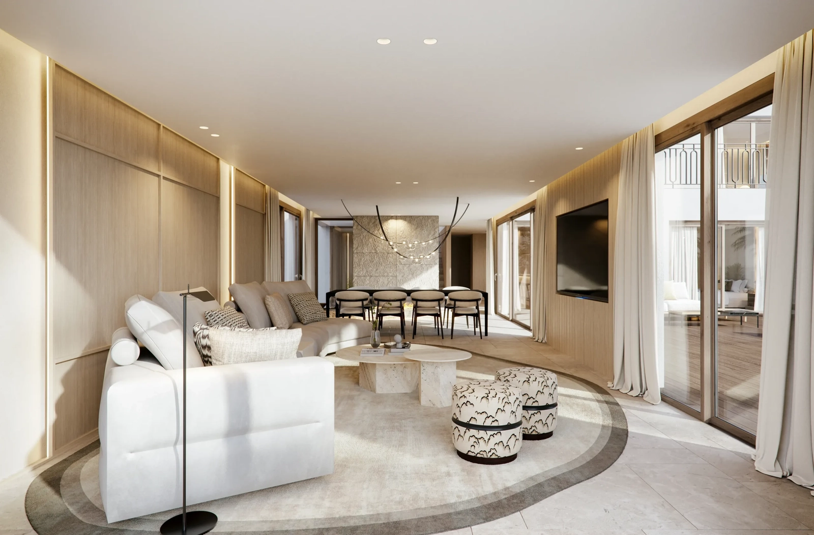 Grandes ventanales conectan los espacios interiores con las hermosas terrazas exteriores, creando una experiencia de vida fluida.