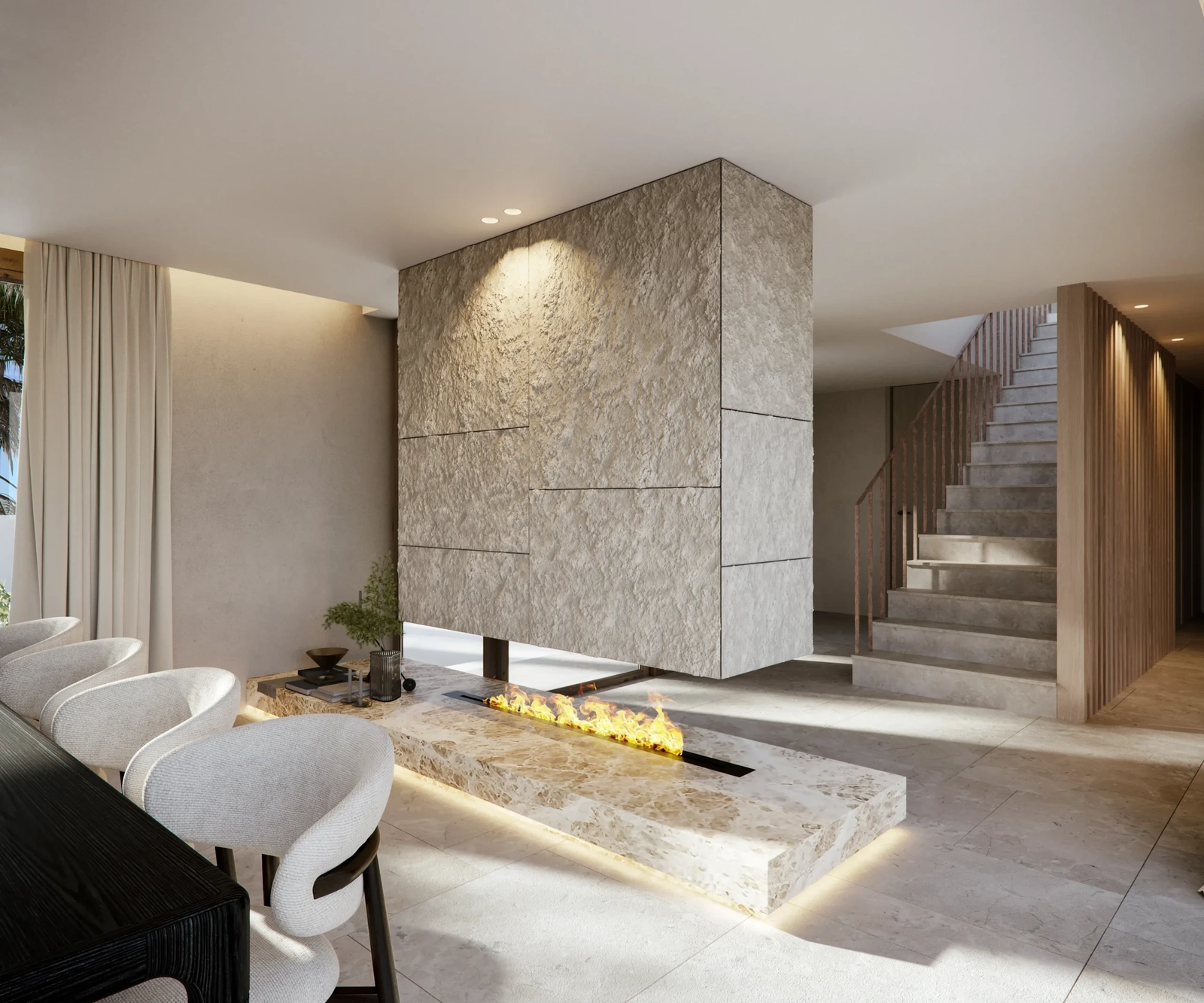 Una moderna chimenea de piedra natural sirve como impresionante pieza central, añadiendo calidez y estilo.