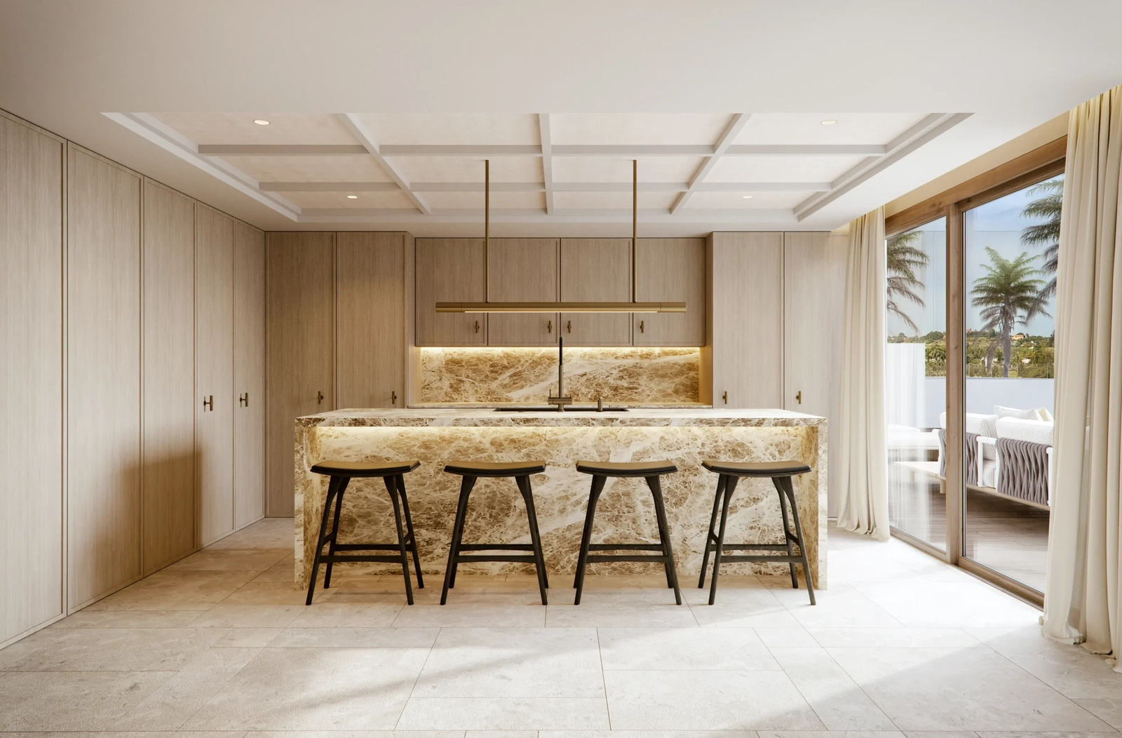 La cocina de diseño cuenta con una llamativa isla de mármol y electrodomésticos de alta gama, perfecta para el día a día y para recibir invitados.