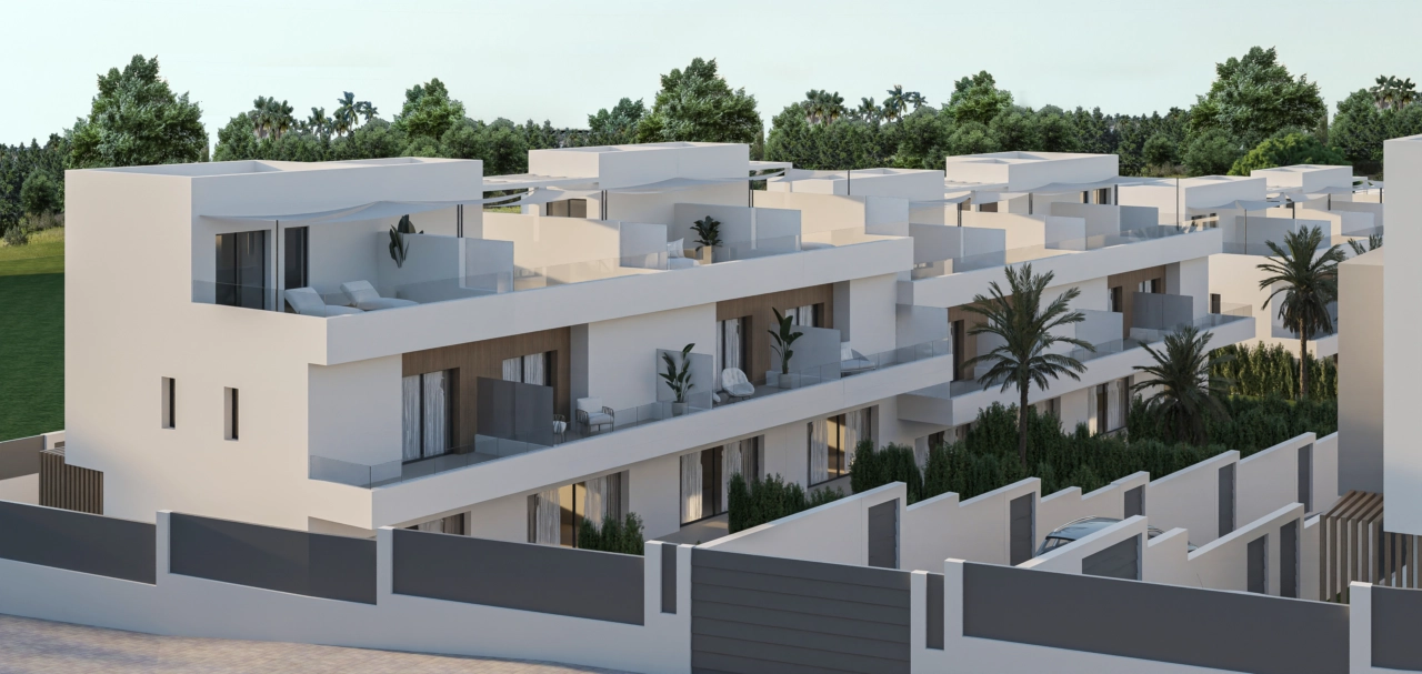 Una vista de la elegante arquitectura exterior y las terrazas privadas.