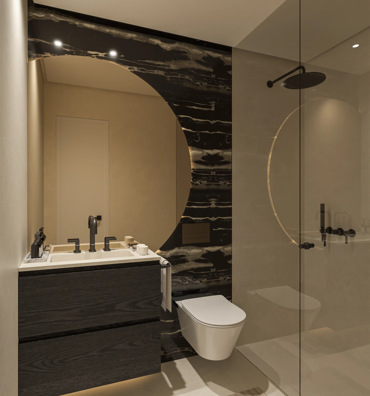 Un sofisticado baño con un diseño elegante y materiales de alta calidad.