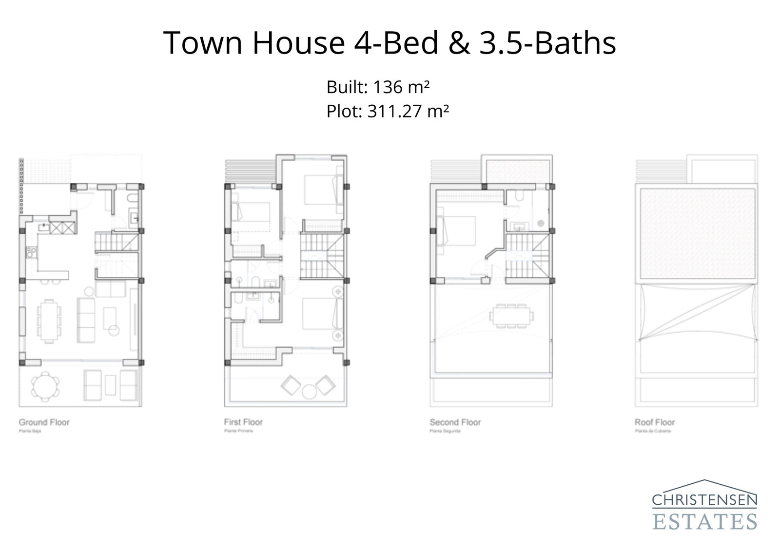 La distribución del chalet adosado de cuatro dormitorios, que ofrece 136 m² de superficie construida para familias que buscan espacio y confort adicionales.