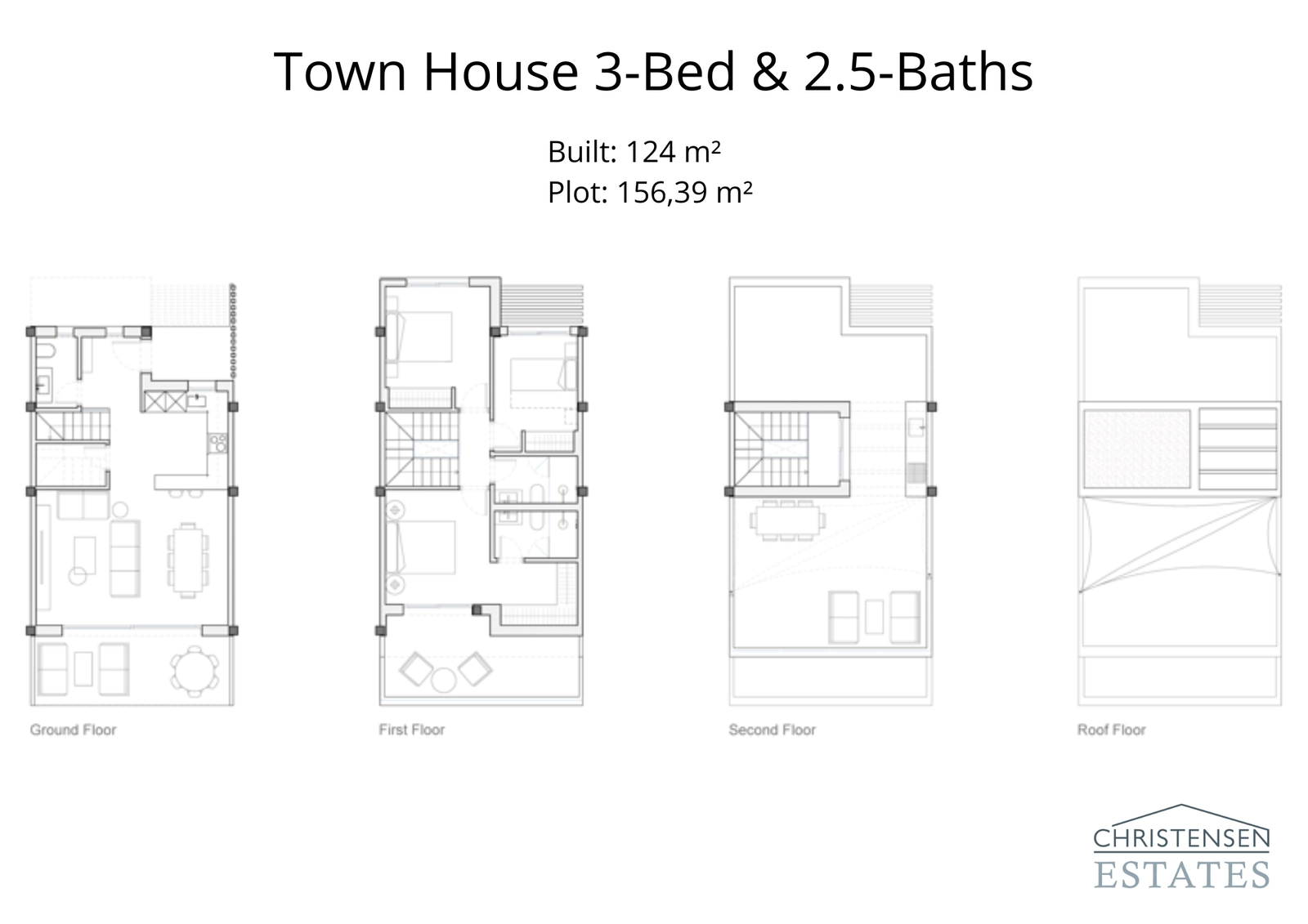 Este plano de chalet adosado de tres dormitorios muestra una vivienda de 124 m² cuidadosamente diseñada con un uso eficiente del espacio.