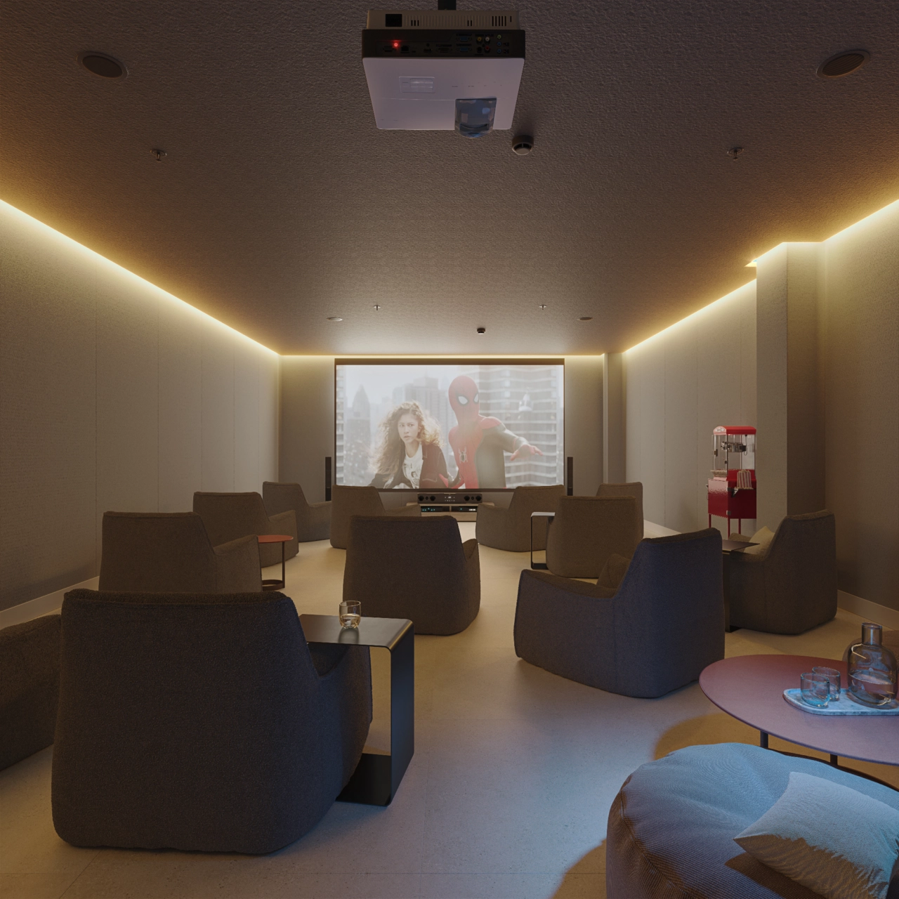 Disfrute de una noche de cine con familiares y amigos en la sala de cine privada del residencial.
