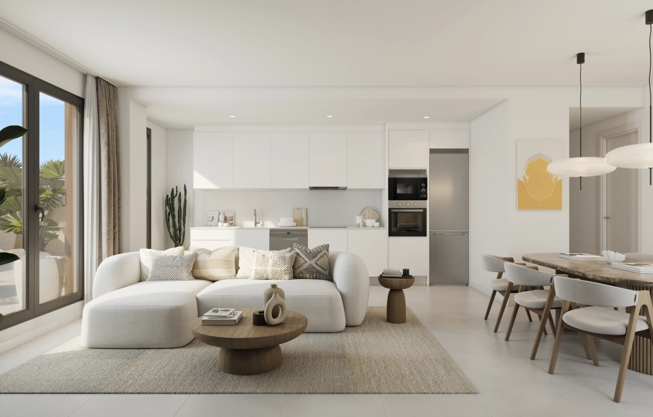 Cocinas modernas de planta abierta, totalmente equipadas y diseñadas para ser el corazón de su nuevo hogar en Málaga.