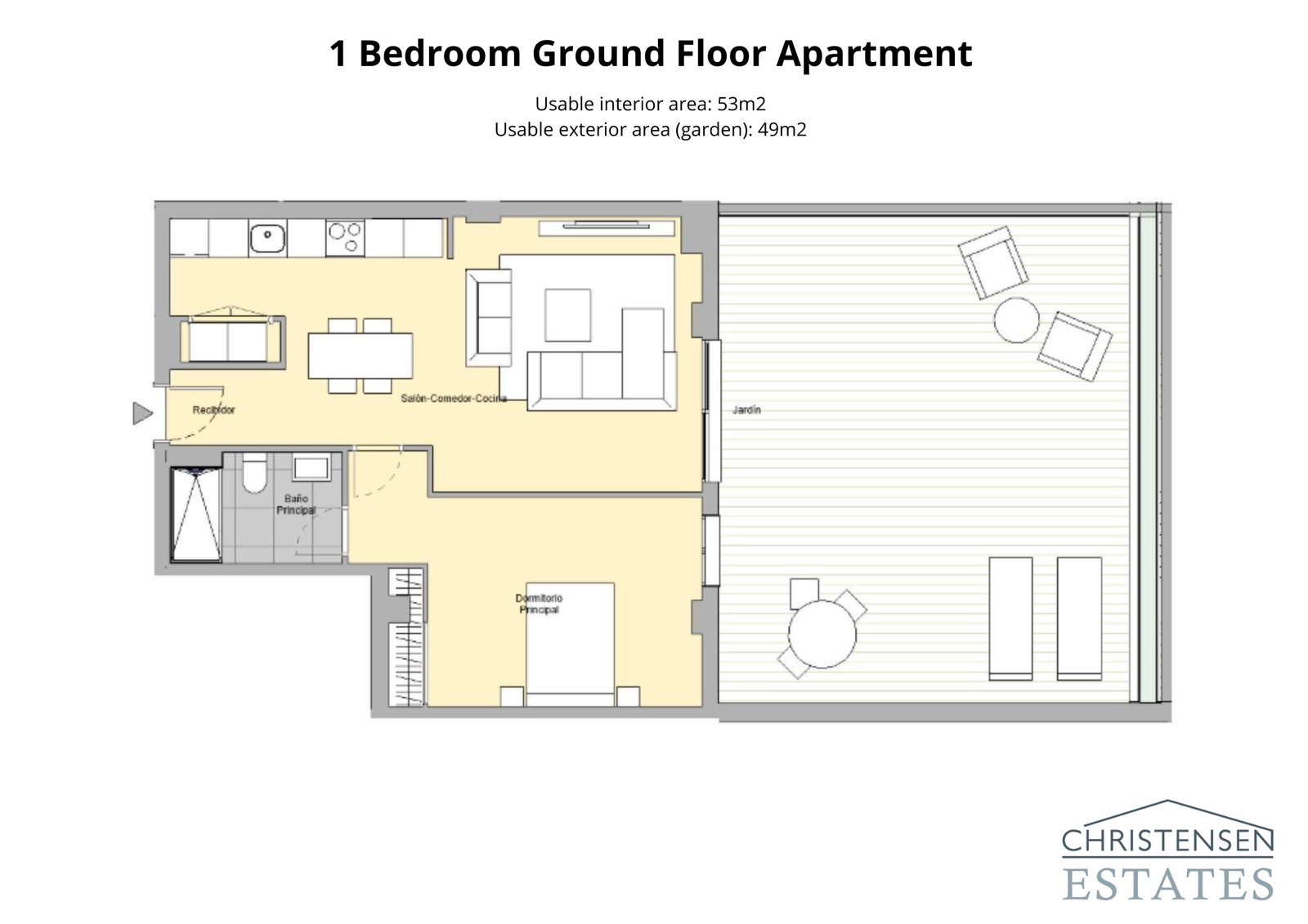 Vivienda de un dormitorio en planta baja – Una distribución bien diseñada con amplios interiores conectados a un generoso jardín privado.