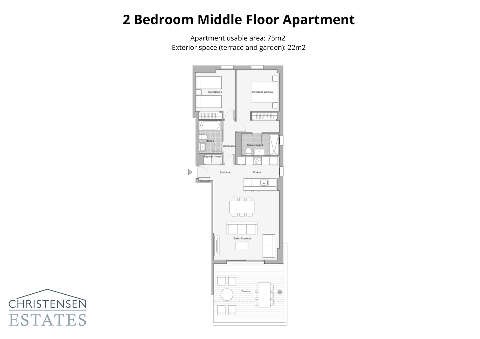 Un piso de dos dormitorios bien diseñado, que ofrece un cómodo espacio habitable con dos baños y una gran terraza para el relax.