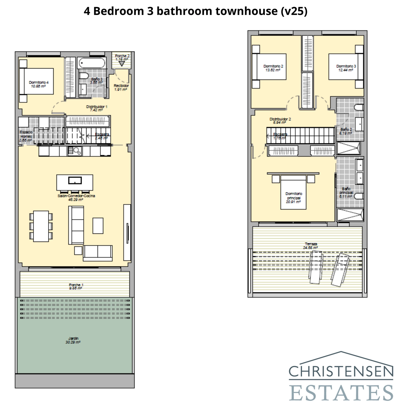 El plano del chalet adosado de cuatro dormitorios ofrece un amplio espacio para familias, con zonas de estar y de dormir bien definidas en dos plantas.