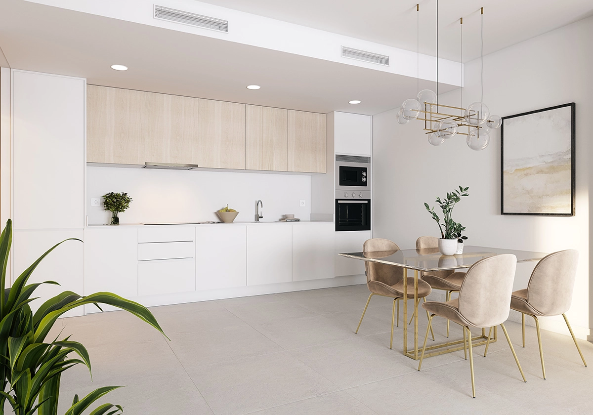 La cocina moderna está diseñada con estilo y funcionalidad e incluye electrodomésticos de alta calidad.