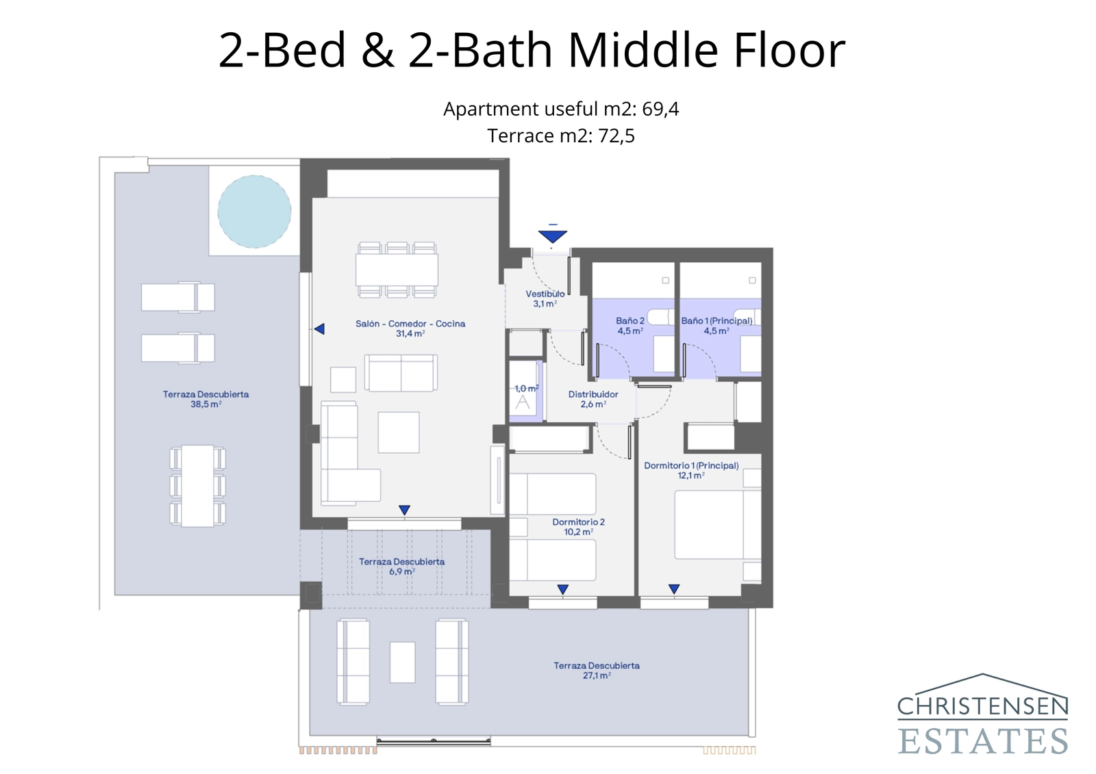 Un plano de piso intermedio de dos dormitorios bien diseñado que cuenta con una amplia terraza para maximizar la vida al aire libre.