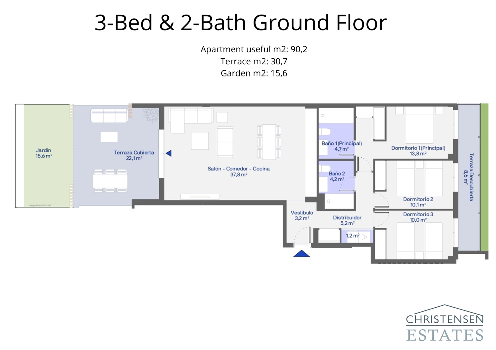 La vivienda de tres dormitorios en planta baja ofrece un amplio espacio habitable que se integra a la perfección con una terraza y un jardín.
