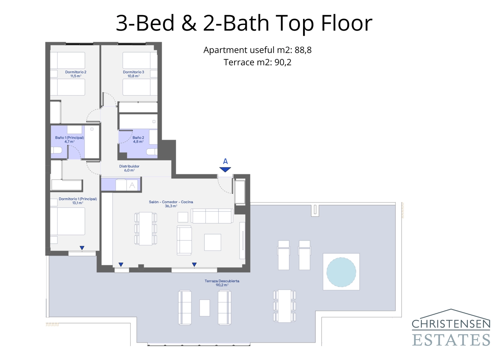 Este plano de piso superior de tres dormitorios presenta una impresionante zona de estar de planta abierta y una amplia terraza envolvente.