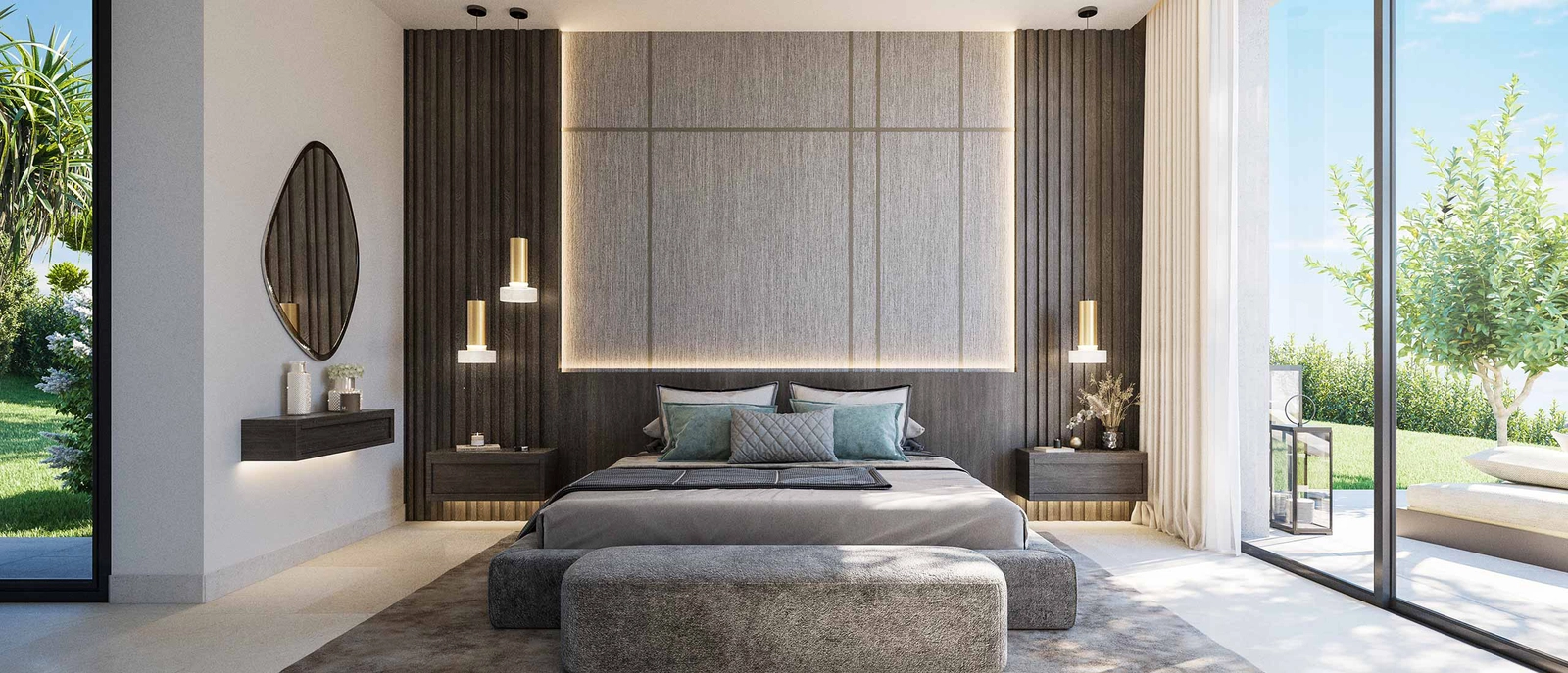Elegantes dormitorios principales diseñados como un santuario privado, con acceso directo al jardín.