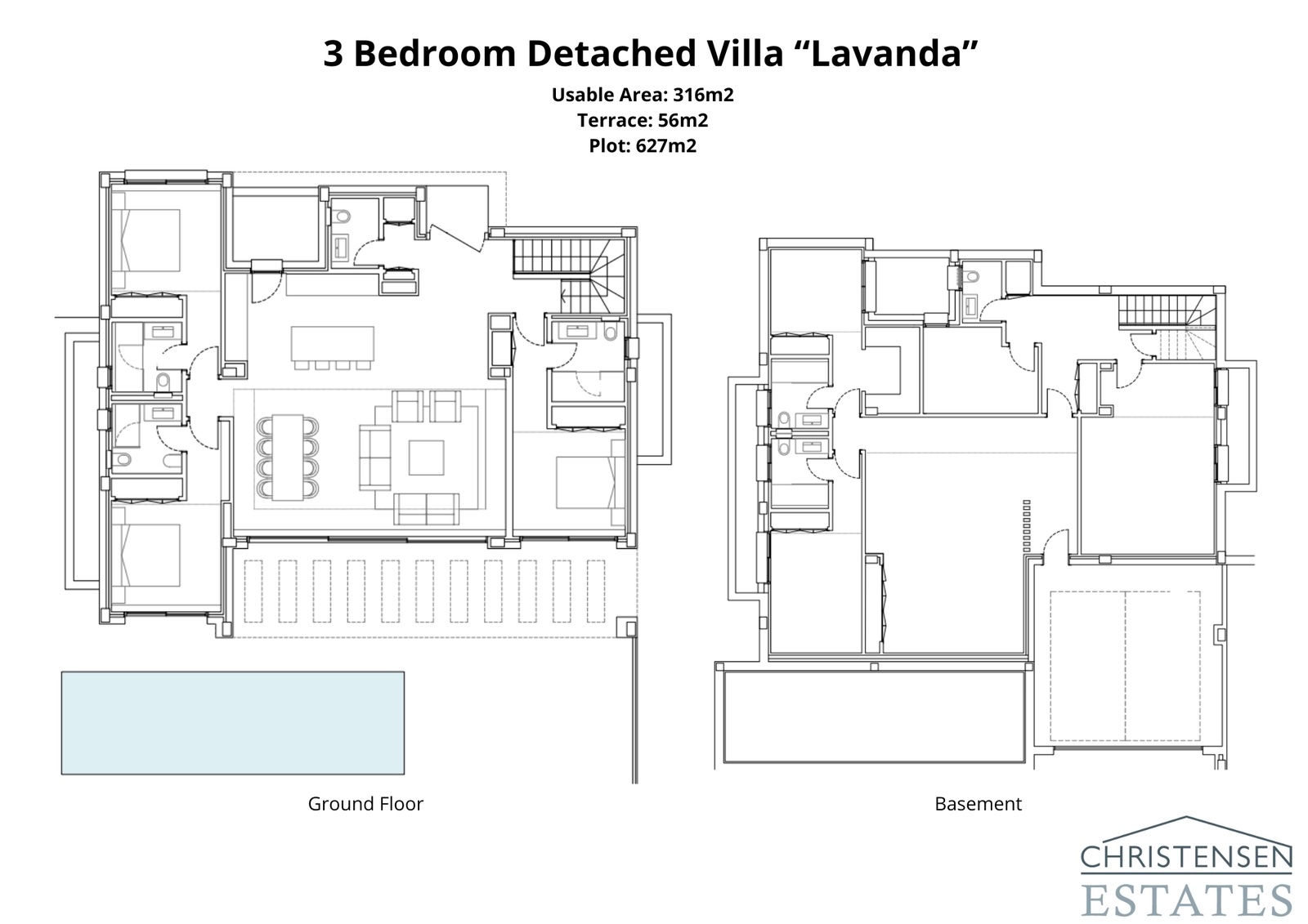 Este plano muestra la Villa Lavanda, de tres dormitorios, con un gran sótano que ofrece espacio adicional para un gimnasio, cine o trastero.