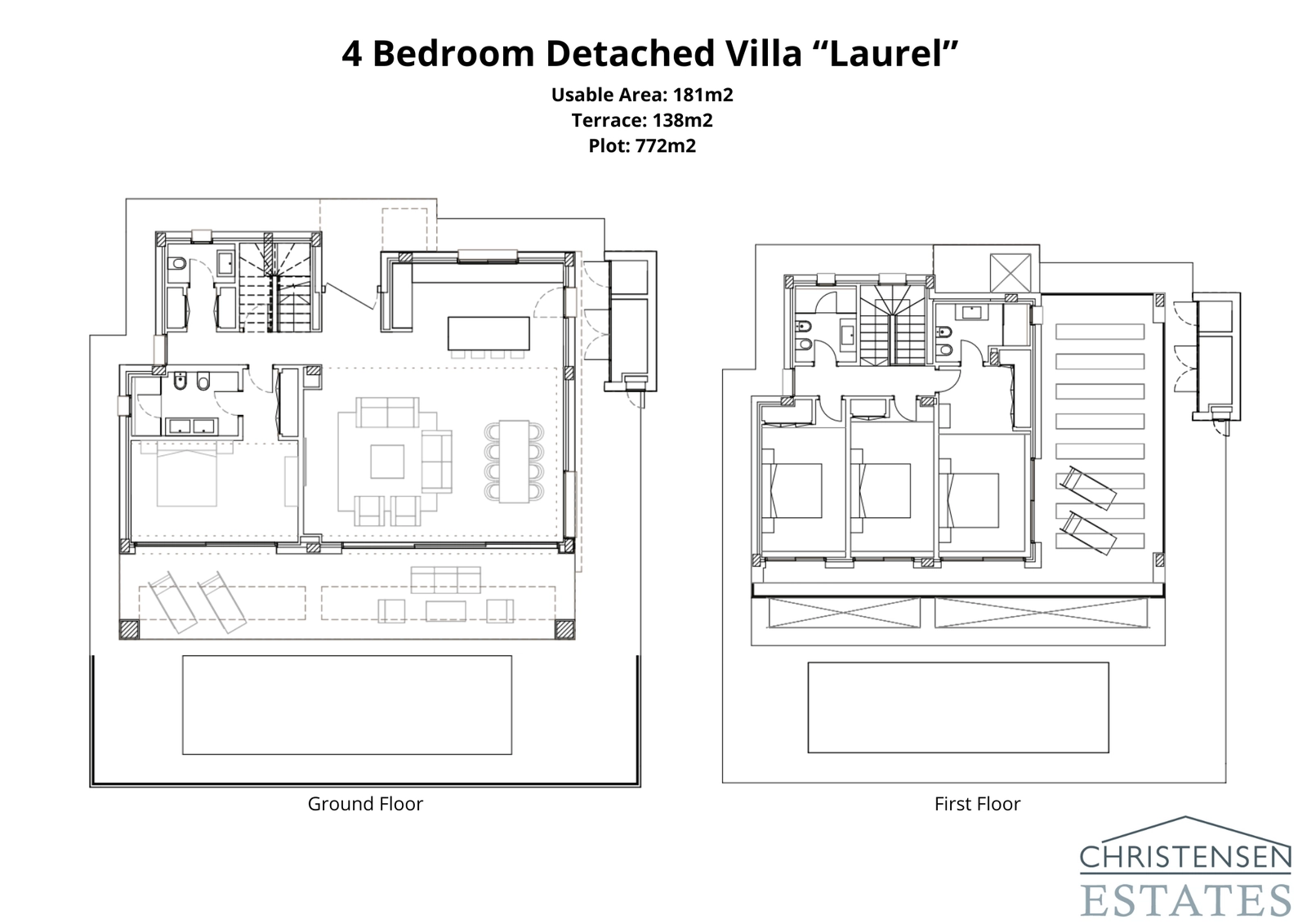Explore la distribución de la Villa Laurel, de cuatro dormitorios, inteligentemente distribuida en dos plantas para proporcionar amplio espacio para la familia y los invitados.