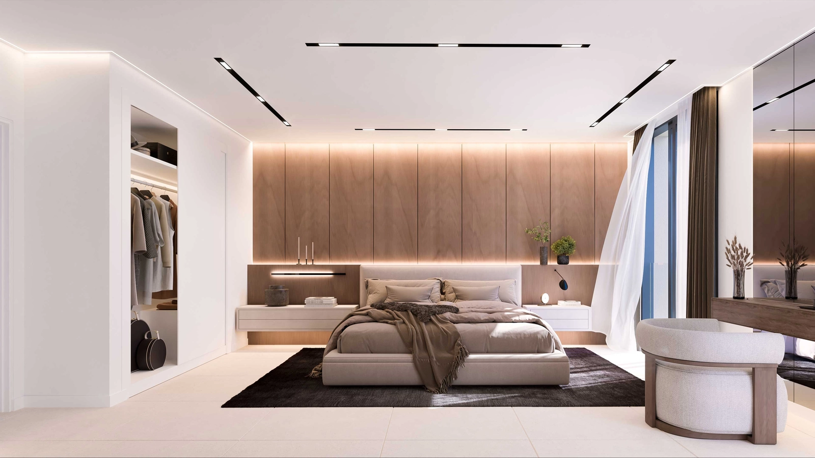 Los dormitorios principales son santuarios serenos, diseñados con un estilo sofisticado y materiales de primera calidad.