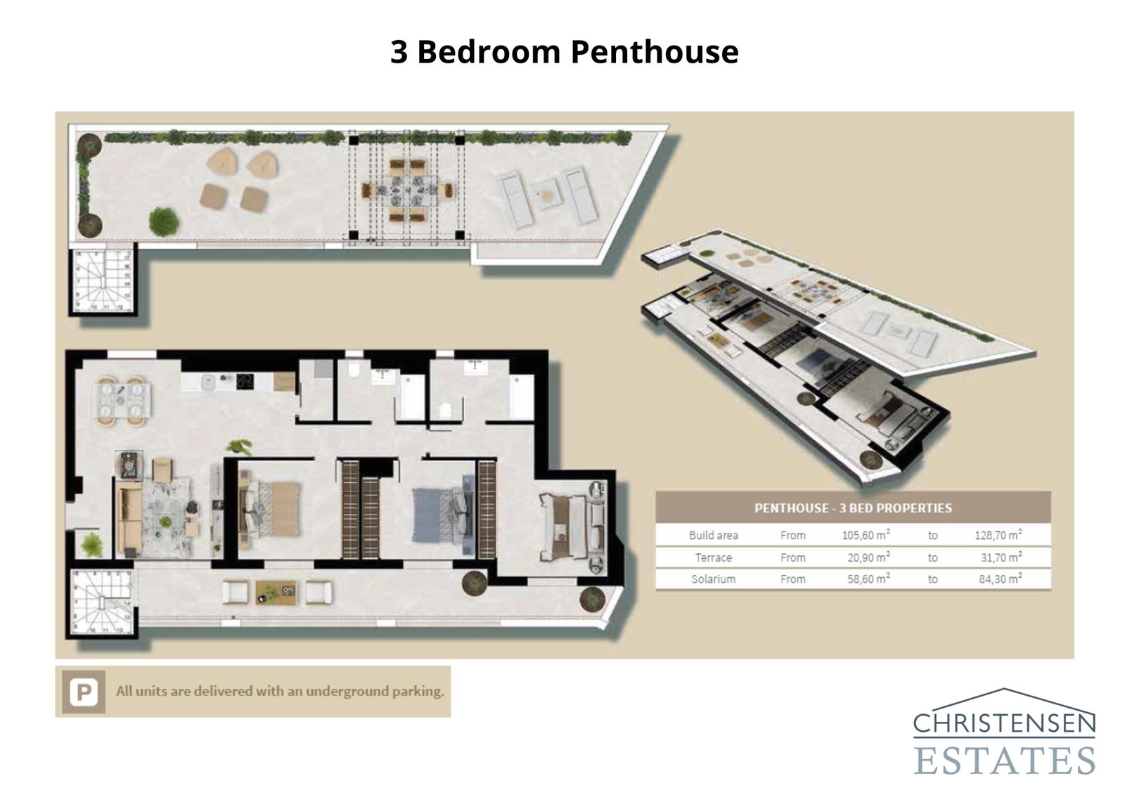 La exclusiva distribución del ático de tres dormitorios incluye un amplio solárium en la azotea, perfecto para el relax y el ocio privados.