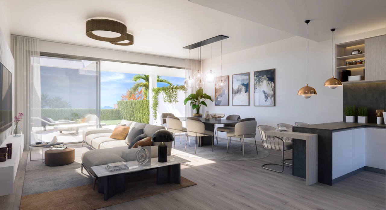 La luminosa y espaciosa zona de estar conecta a la perfección con el jardín privado, creando un estilo de vida ideal entre el interior y el exterior.