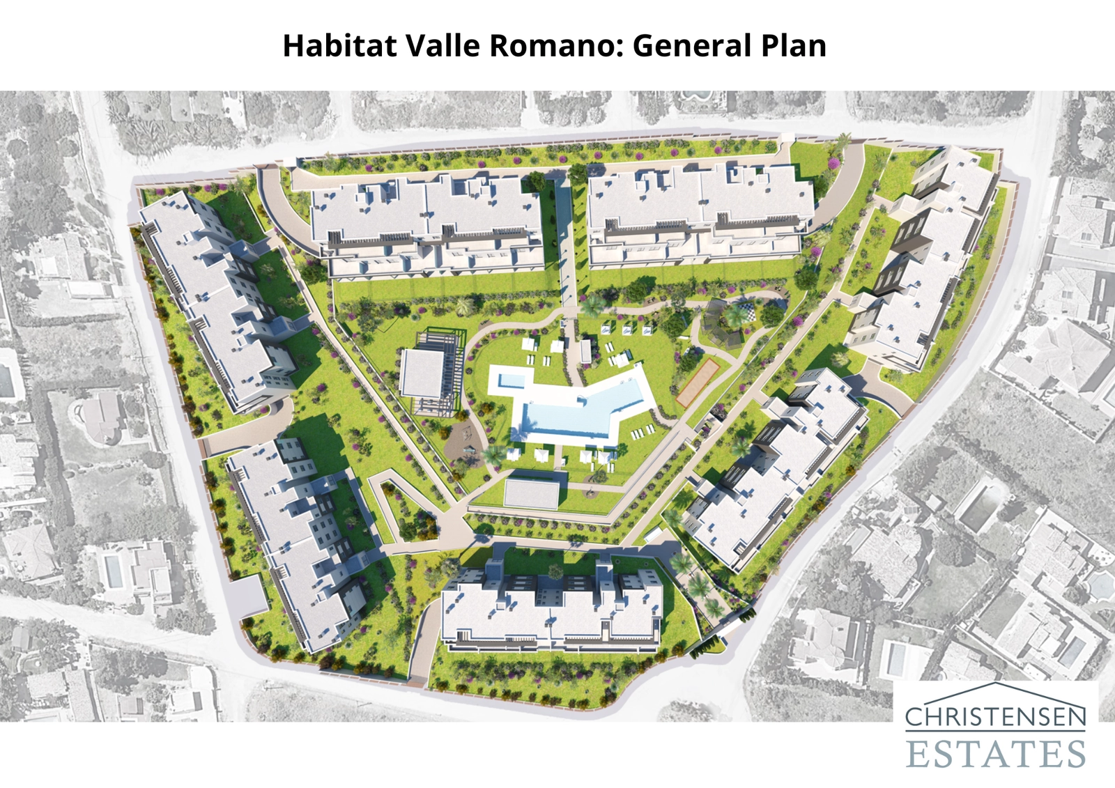 Una vista general de la urbanización, mostrando la cuidada distribución de edificios, piscinas y amplias zonas verdes diseñadas para la vida en comunidad.