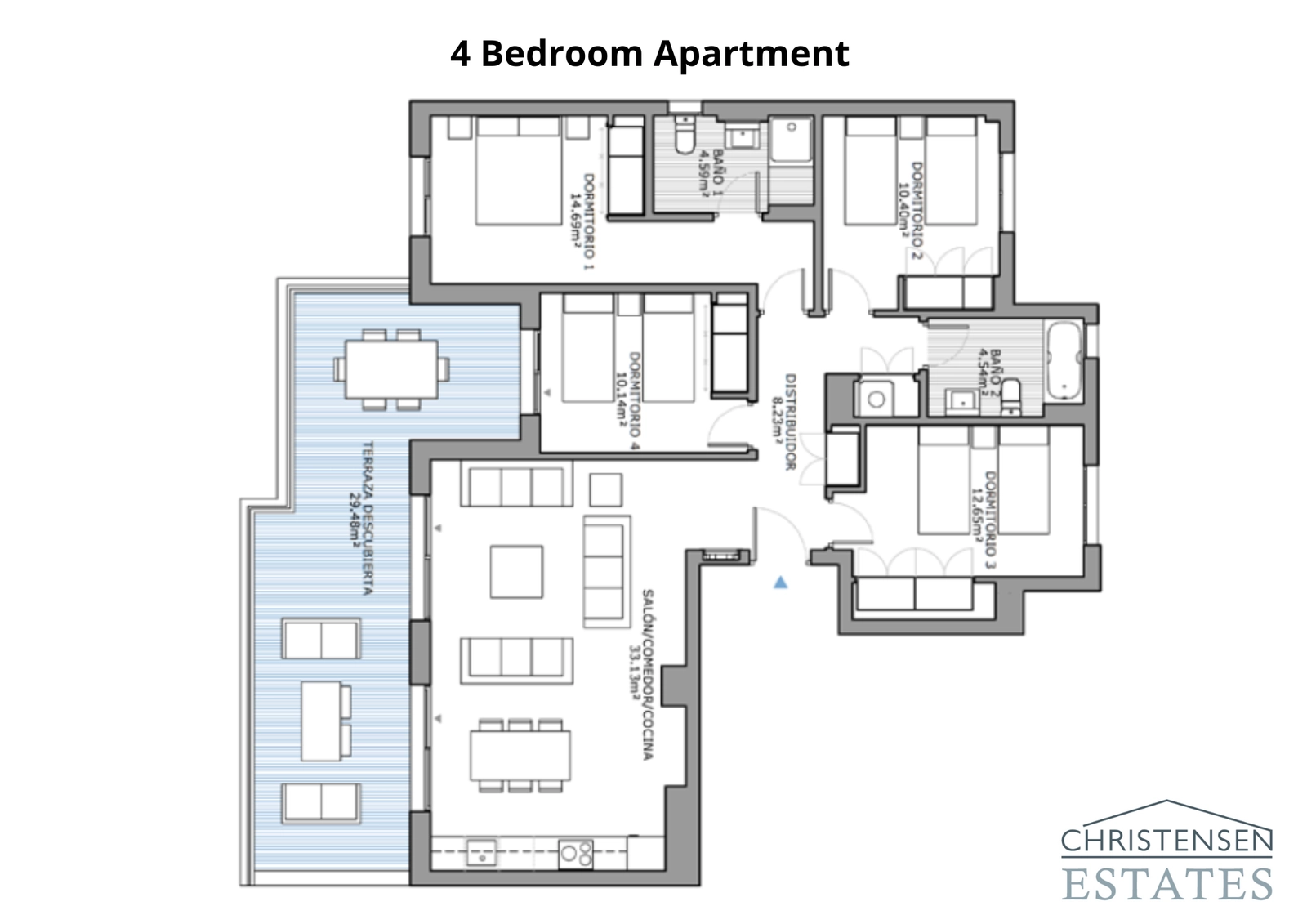 El plano de cuatro dormitorios ofrece un espacio excepcional para la vida familiar, combinando áreas de planta abierta con retiros privados y una gran terraza.