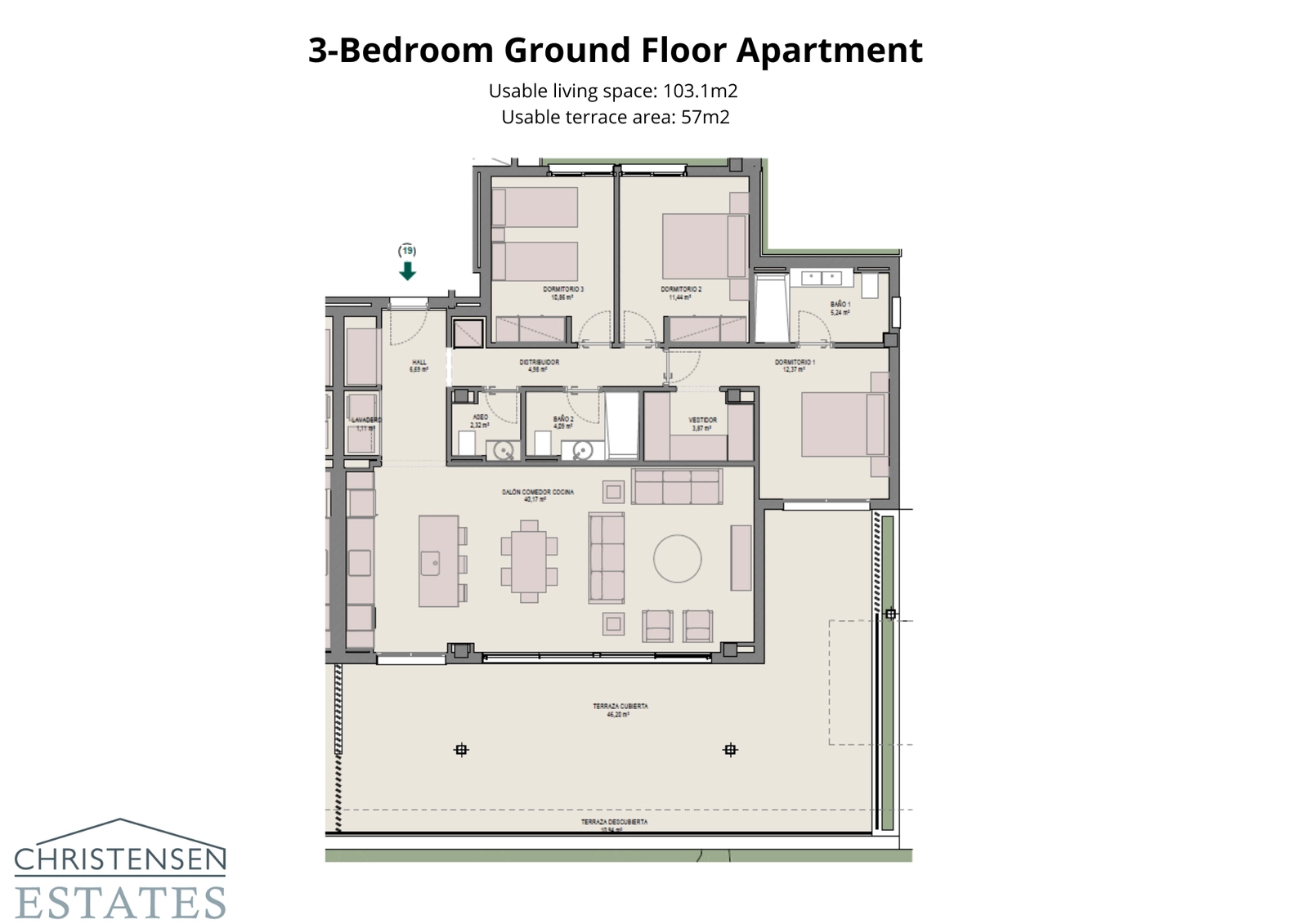 Distribución de una vivienda de tres dormitorios en planta baja, destacando los amplios interiores y el acceso directo a una zona de jardín privado.