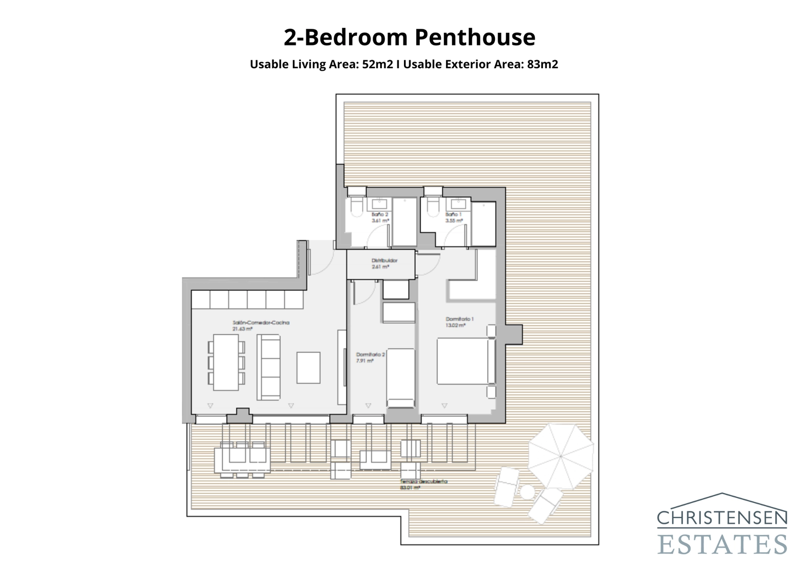 La exclusiva distribución de ático de dos dormitorios cuenta con una amplia terraza envolvente, que proporciona un espacio excepcional para el ocio y la relajación.