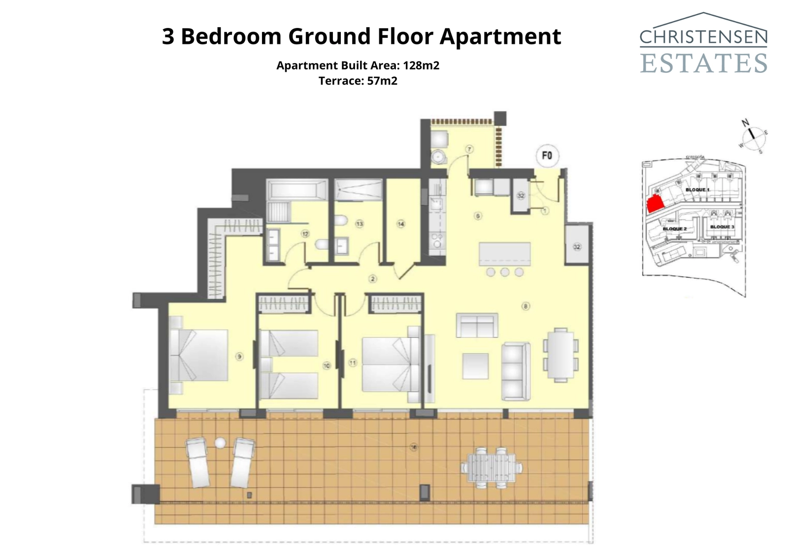 La distribución de una vivienda de tres dormitorios en planta baja, mostrando interiores espaciosos que conectan con una gran terraza y jardín privado, perfectos para la vida al aire libre.