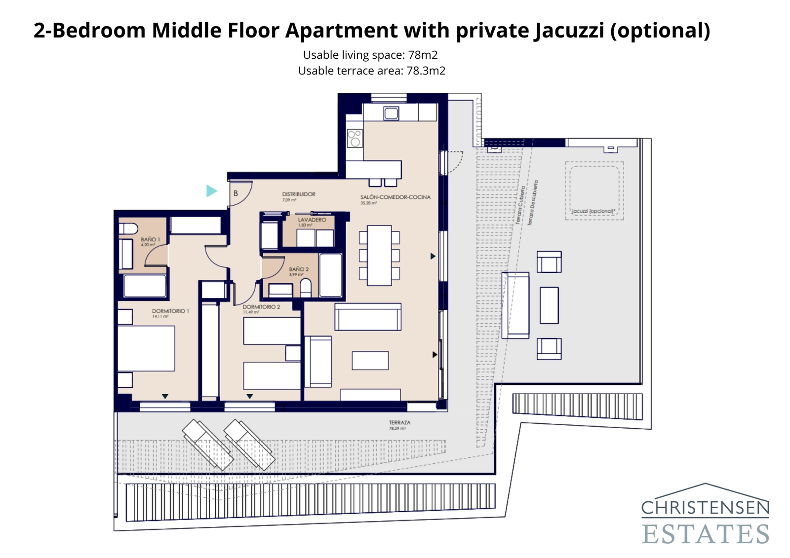 Un plano de piso único de dos habitaciones que incluye una amplia terraza privada con un jacuzzi opcional para la máxima relajación.