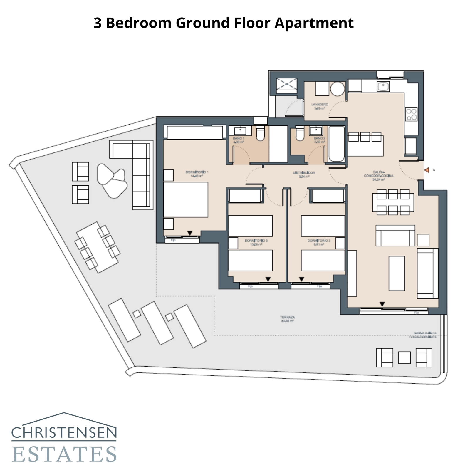 Este plano de planta baja de tres dormitorios destaca una generosa terraza y jardín, ampliando el espacio habitable al aire libre.