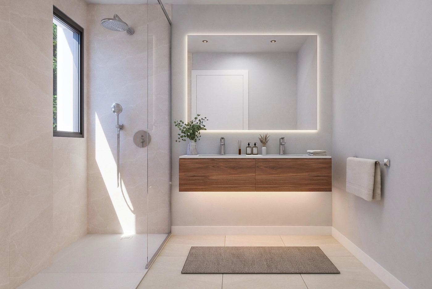Un baño moderno y elegante con acabados de alta calidad, ducha a ras de suelo e iluminación sofisticada.