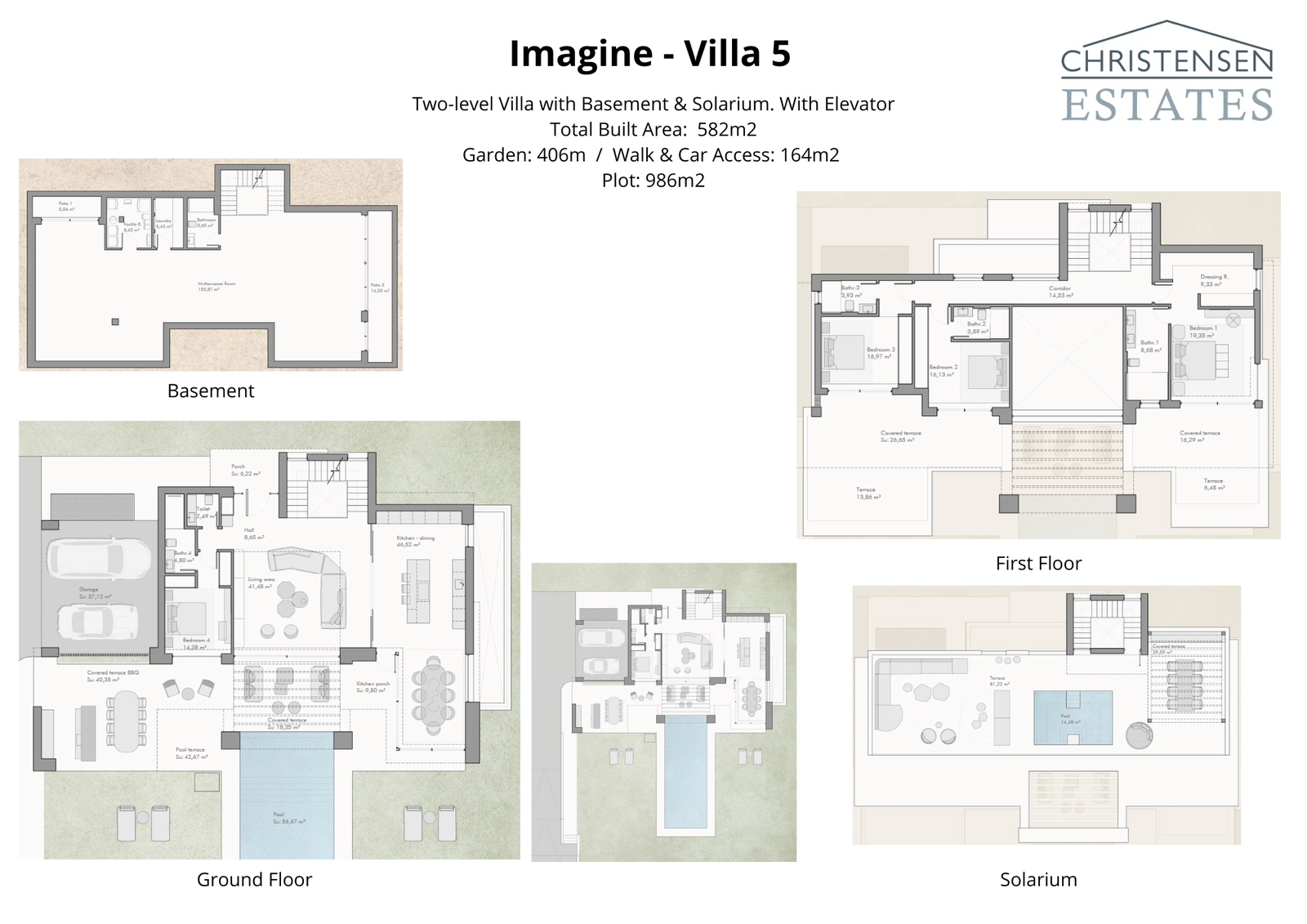 Este plano de planta muestra un espacioso diseño de dos niveles con sótano y solárium opcionales, optimizando el espacio para la vida familiar y el ocio.